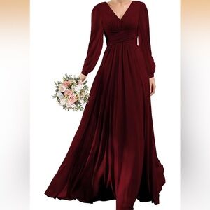 YOFF V-Neck Long Sleeves Bridesmaid Dress- Burgundy